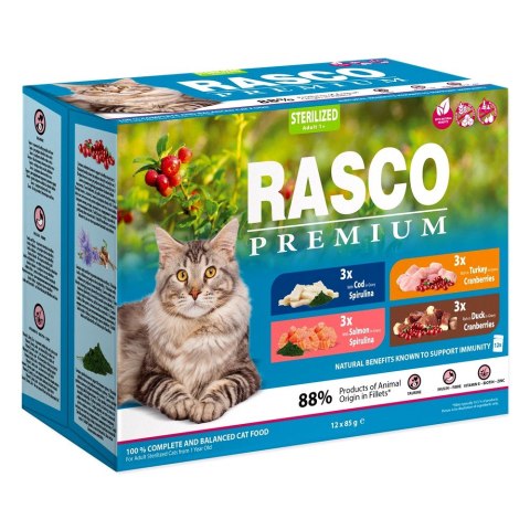 RASCO Premium losos, dorsz, kaczka, indyk fileciki w sosie 12x85g saszetka dla sterylizowanego kota (1703-13398)