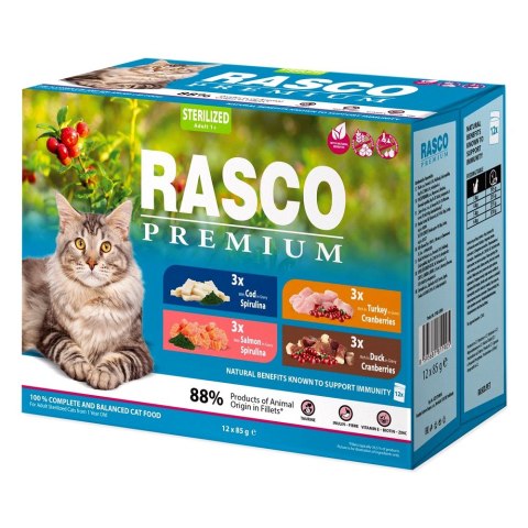 RASCO Premium losos, dorsz, kaczka, indyk fileciki w sosie 12x85g saszetka dla sterylizowanego kota (1703-13398)