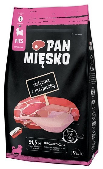 Pan Mięsko Karma sucha dla psa - dla szczeniąt cielęcina i przepiórka chrupki L 9kg