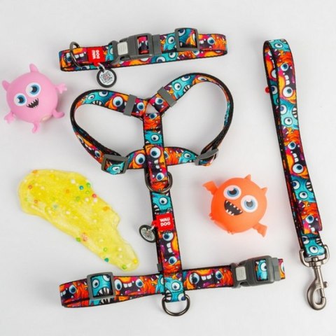 Collar WauDog Nylon Obroża nylonowa z QR-paszportem, plastikowy fastex, wzór ZĘBATE POTWORY, L 25mm/33-49cm