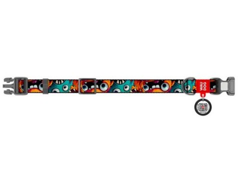 Collar WauDog Nylon Obroża nylonowa z QR-paszportem, plastikowy fastex, wzór ZĘBATE POTWORY, S 15mm/25-35cm